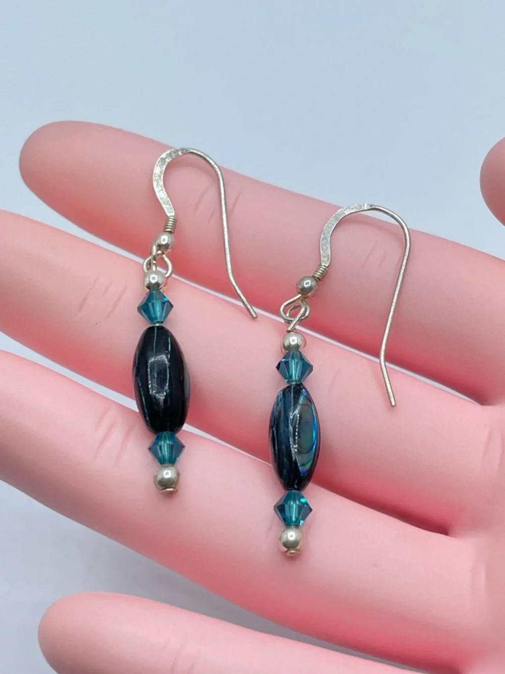 925 Sterling Silver Abalone Shell Teal Crystal Dangle Earrings Elegant